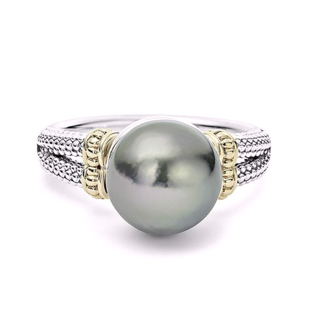 New Beautiful Two-Tone Gold/925 Silver Cultured Black Pearl Ring - Picture 3 of 5